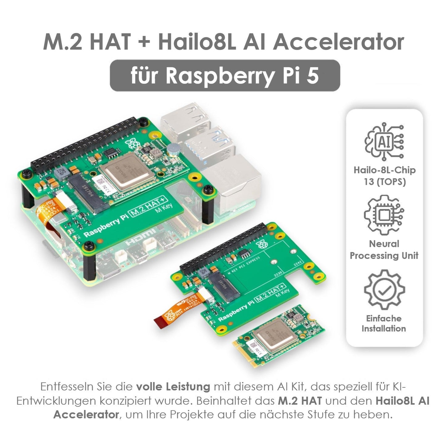 Raspberry Pi AI Kit - AI-Modul + Raspberry Pi M.2 HAT+ für Raspberry Pi 5