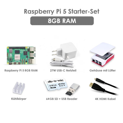 Raspberry Pi 5 Starter-Kit | USB-C 27W Netzteil | Gehäuse mit Lüfter | 64GB SD Karte | 4K HDMI Kabel | Raspberry Pi 5