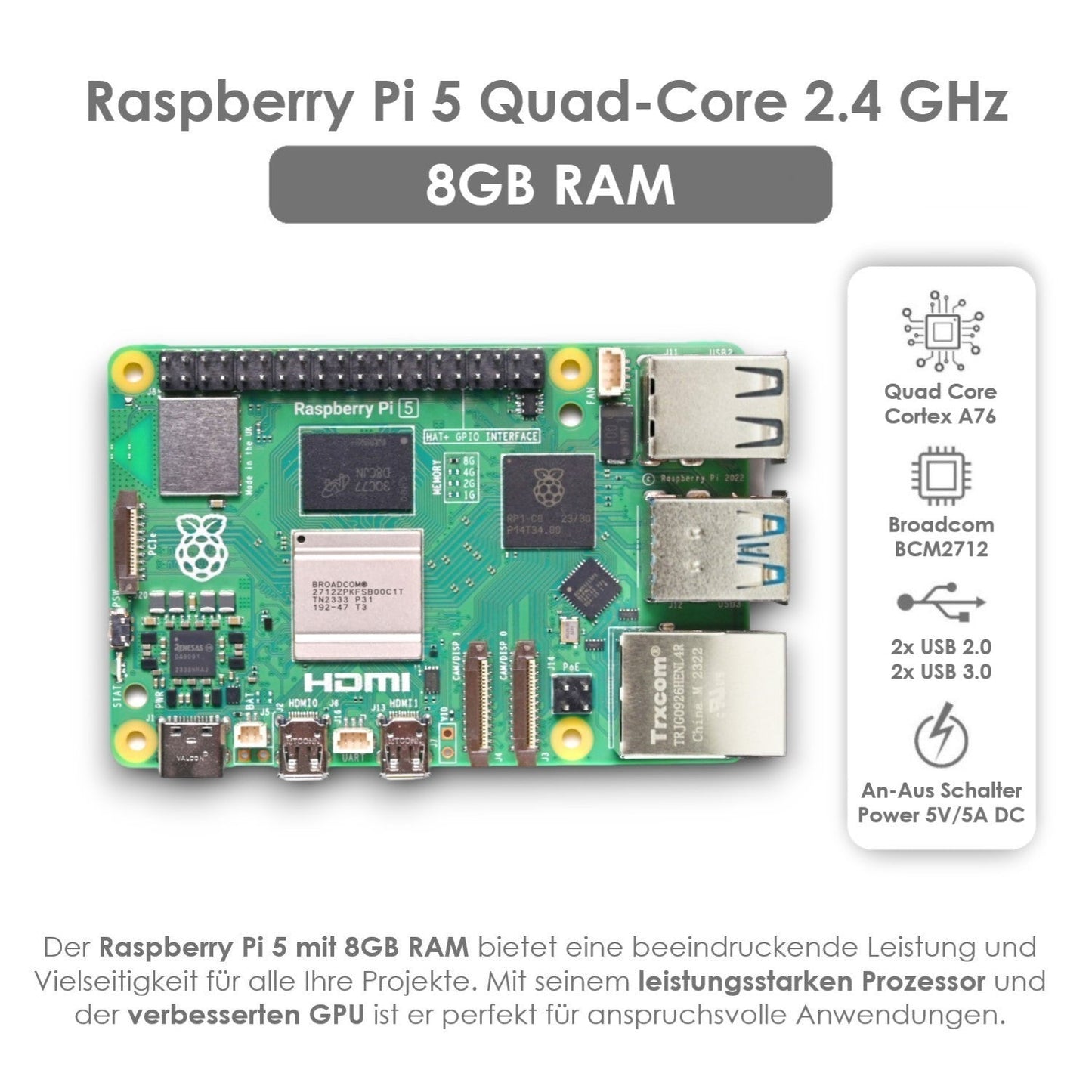 Raspberry Pi 5 Starter-Kit | USB-C 27W Netzteil | Gehäuse mit Lüfter | 64GB SD Karte | 4K HDMI Kabel | Raspberry Pi 5