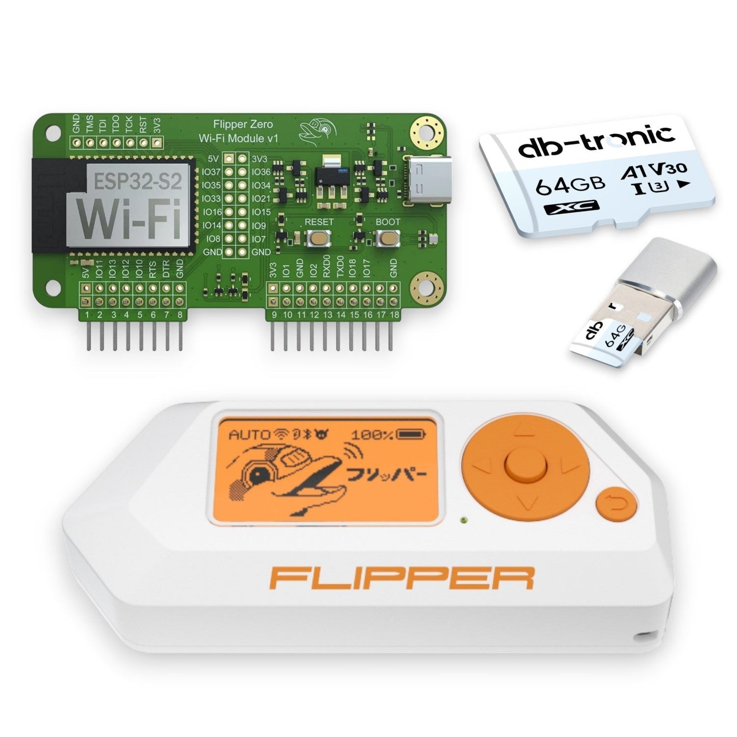 Flipper Zero Starter Wifi Set | Flipper Zero | WiFi-Board | 64GB microSD Karte | USB-Kartenleser