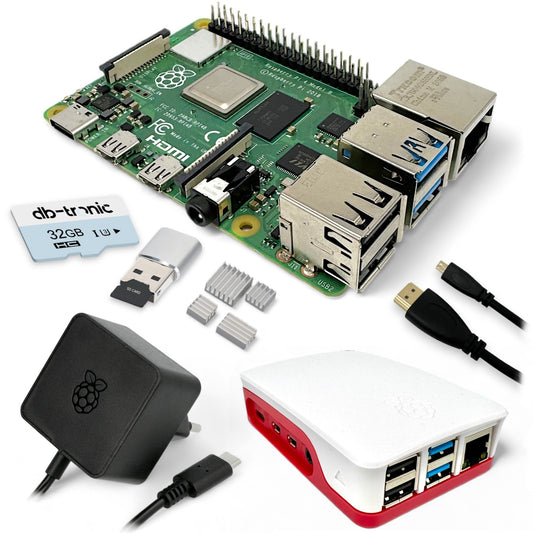 Raspberry Pi 4 Starter-Kit | USB-C Netzteil 15W | Gehäuse | 64GB SD Karte | Micro HDMI Kabel | Kühlkörper