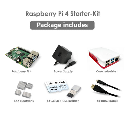 Raspberry Pi 4 Starter-Kit | USB-C Netzteil 15W | Gehäuse | 64GB SD Karte | Micro HDMI Kabel | Kühlkörper